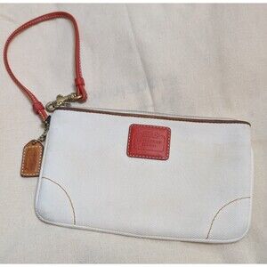 COACH Wristlet Coin Purse White Color Coated Fabric + Tan Leather Strap/Trim